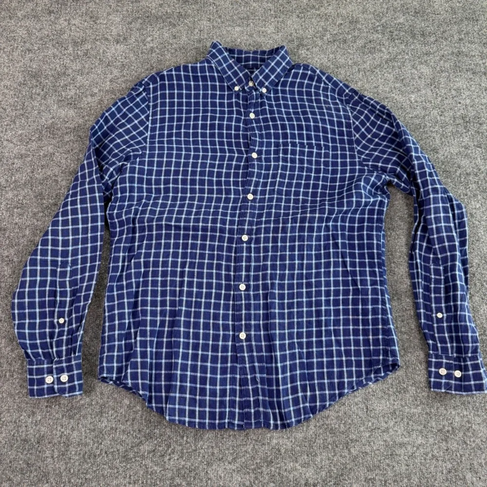 Banana Republic Camden Men Shirt‎ M 100$ Linen Windowpane Plaid Blue EUC